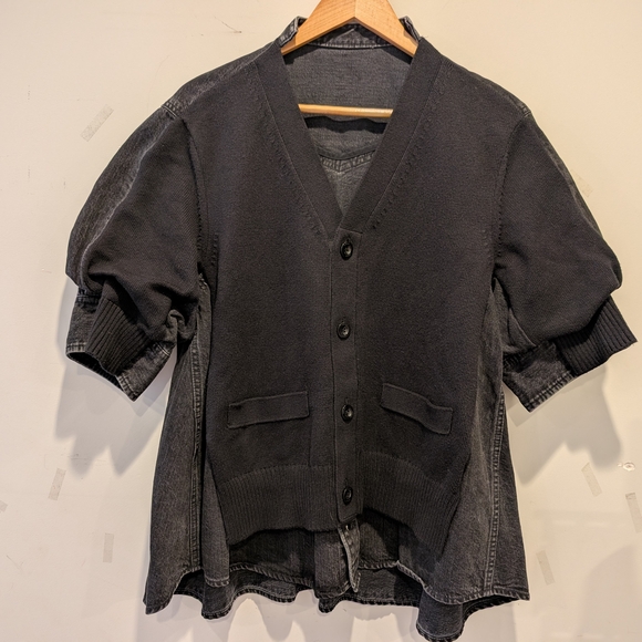 Sacai Sweaters - Sacai Women's Black Denim Knit Hybrid Cardigan XL Mixed Media Unique Art